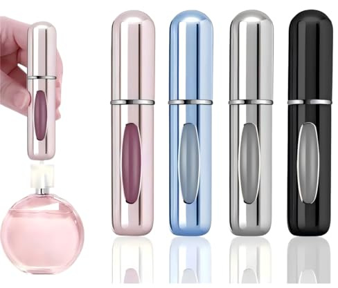 Travel Spray Bottle for Perfume – 5ml Leakproof Metal Atomiser, Bottom-Fill Refillable, 4 Gloss Colours (Black/Silver/Pink/Blue) for Gym, Airplane & Daily Use