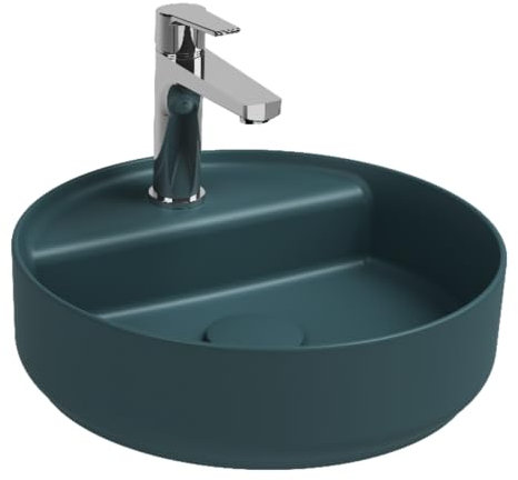 Lavabo tondo da appoggio senza troppo pieno in ceramica con foro rubinetto -Verde Petrolio Opaco