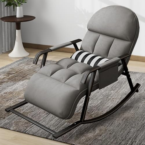 Schaukelstuhl Schaukelsessel Verstellbare Schaukellehne und Fußstütze Relaxsessel mit Seitentasche Gepolsterter Schwingsessel bis 150 kg Belastbar Stillsessel für Outdoor Wohnzimmer Garten (Grau)