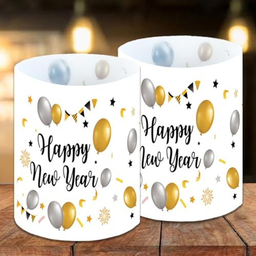 Windlichter Tischdeko Silvester Silvesterdeko Happy New Year Neujahr Deko 2027 LED Teelichter Laterne Deko – 12 STK