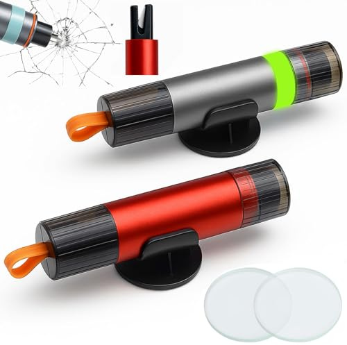 Zyluniy 2 Pièces Marteau de Sécurité pour Voiture, 2 en 1 Coupe Ceinture Brise Vitr avec Socle et Verre de Test, Brise Vitre Coupe Ceinture, pour Sauvetage d'urgence et Urgence de Sécurité