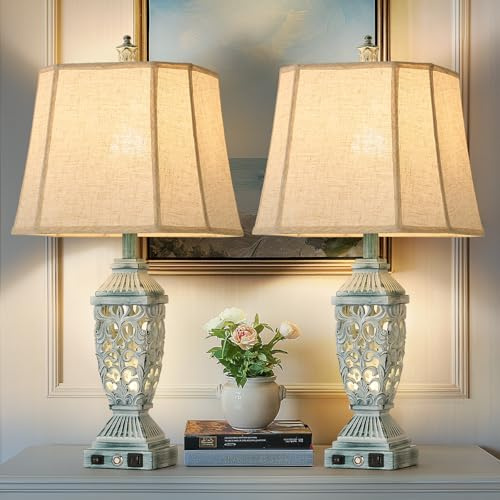 AIDENOEY Farmhouses Table Lamp with USB & USB-C Charging Ports, 3-Color Dimmable & Stepless Bottom Dimming, Touch Control & Switch, Vintage Bedside Lamp for Bedroom Living Room Office,(27.5 high)