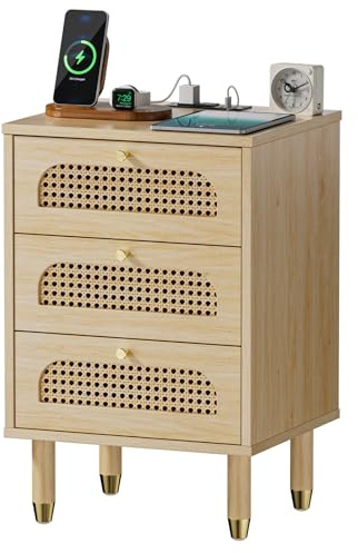 Bonnlo Rattan Bedside Table with Charging Station, Nightstand with Solid Wood Legs, USB Charging, Textured MDF, 3 Drawer Bedside Cabinet for Bedroom, 40x35x60.5cm, Oak