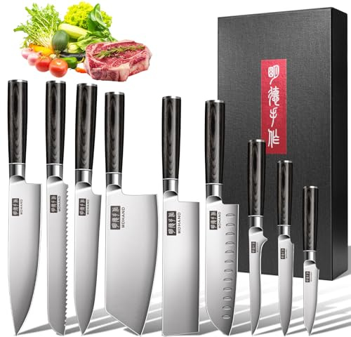 MDHAND Messerset, 9-tlg Scharfe Küchenmesser Set mit Ergonomischem Griff | Messer Set in Geschenkbox mit Kochmesser, Brotmesser, Santoku messer, Gemüsemesser, Filetiermesser