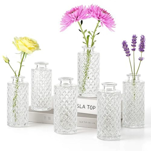 6er Set Glasvasen Klein – Vintage Blumenvasen für Tischdeko, Hochzeitsdeko & Home Decor (13cm Hoch, Diamantmuster), Mini Vasen als Teelichthalter oder Deko-Glas (Transparent - Set of 6)