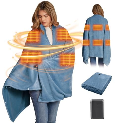 160x90cm Coperta Riscaldante Senza Fili con Batteria 16000 mAh Flanella Scialle Termico Plaid Ricaricabile USB 3 Impostazioni di Calore, 6 Zone di Riscaldamento per Divano, Ufficio, Viaggi, Campeggio