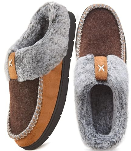 KENMITDY Men's Slip On Moccasin Slippers Memory Foam Fuzzy Slippers for Men Wool-Like Plush Fleece Lined Bedroom House Shoes for Indoor/Outdoor Anti-Skid Rubber Sole Home Size 11 12