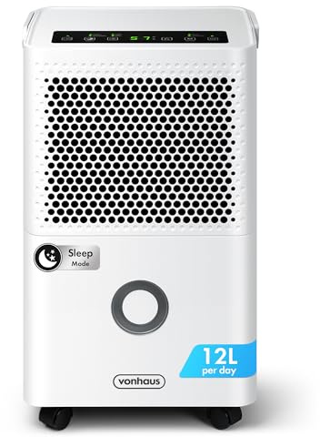 VonHaus Dehumidifier 12L/Day, 1.5L Water Tank – Moisture Extraction Machine For Damp, Condensation, Laundry/Clothes Drying, Prevents Mould & Smells – For Home, Bedroom, Utility Room & More