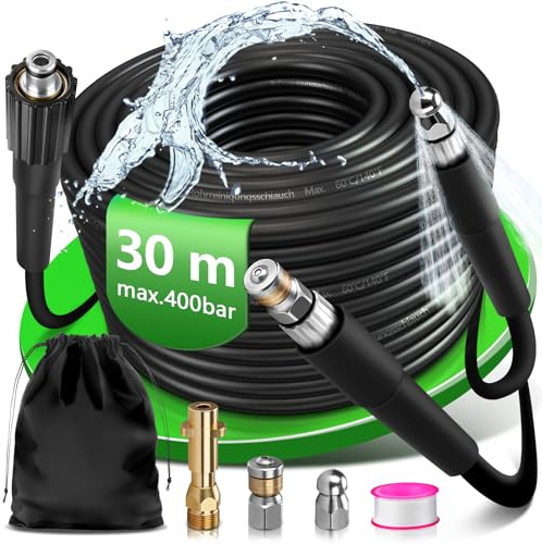 Tuyau de nettoyage de canalisations de 30 m avec adaptateur M22, buses en laiton rigides et rotatives, 400 bar, convient pour nettoyeur haute pression Karcher K2 K3 K4 K5 K6 K7