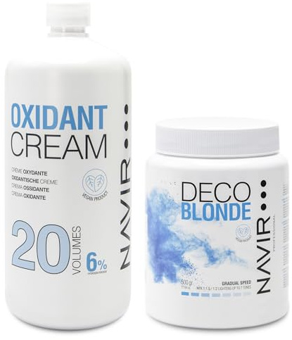 NAVIR Professionell | Haar-Aufhellungsset | Decoblonde Blondierpulver bis 7 Töne mit Keratin + Oxidationscreme | Damen und Herren (Pulver 500g + Oxidant 1000ml 20 Vol)