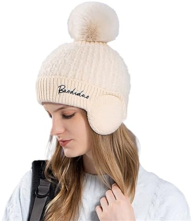 Generisk badmössa dam textil med hårboll tröja yllemössa kall varm stickad mössa gul mössa dam, Beige, one size