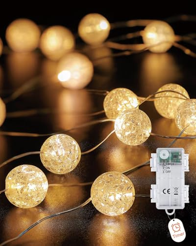 Afaiup Lichterkette Kristallkugeln, 2 m, 20 LEDs, Mini-Kristallkugeln, Lichterkette batteriebetrieben mit Timer, Kristall-Crackle Ball Lichterkette Innen für Weihnachten, Hochzeit, Schlafzimmer