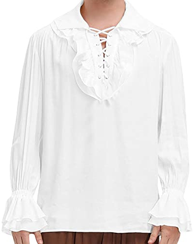 MODSGUE Camicia da uomo medievale, stile vichingo, camicia con lacci, rinascimentale, vittoriano, steampunk, tinta unita, comoda, basic pirata, colletto alto, per cosplay, bianco, M