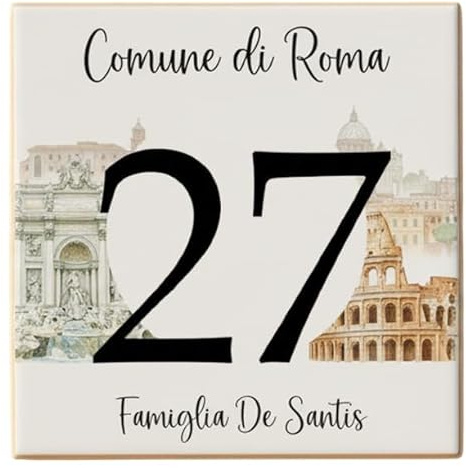 Numero Civico in Ceramica Comune di Roma, Targa Decorativa PERSONALIZZABILE,Mattonella in Ceramica 11x11cm, con Indirizzo e Nome Famiglia Personalizzato, made in italy Stile Romano