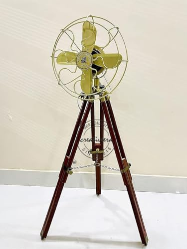 Antique Floor Fan/Vintage Royal Navy Fan With Two Fold Brown Wooden Tripod Stand for Home, Office decoration