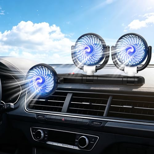 Exsivemy Ventilador de coche, ventilador USB, ventilador de doble cabeza giratorio 360°, 2 velocidades, ventilador de coche para camiones, furgonetas, SUV y RV (negro de tres cabezas)