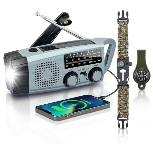 RADIO DI EMERGENZA MANOVELLA SOLARE, Radio AM/FM Powerbank 2000mAh USB-C, Torcia LED Allarme SOS – Blackout, Kit Sopravvivenza, Campeggio, Auto