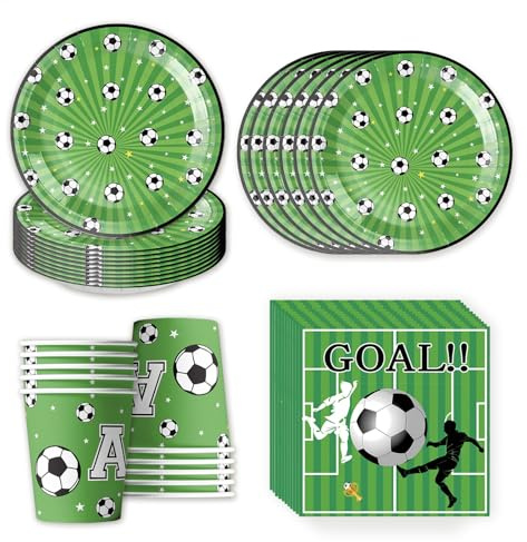 Eymobad Set de 50 piezas de vajilla para fiesta de fútbol, platos verdes de fútbol, platos de cartón, vasos de cartón y servilletas, vajilla decorativa para niños y niñas, cumpleaños infantil