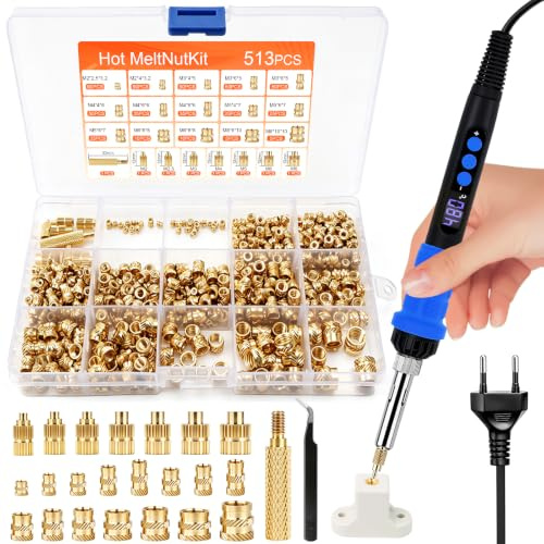 515 Stk Gewindeeinsätze Lötspitzen Set,90W LED Temperatur Einstellbar Lötkolben mit 505 Gewindeeinsätze M2/M2.5/M3/M4/M5/M6/M8,7 Lötspitzen&1 Adapter für 3D Druck Teile Gewindeeinsatz