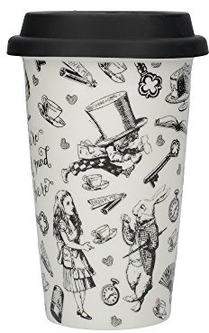 V&A Alice nel Paese delle Meraviglie Tazza da Viaggio in Ceramica, Fine Bone China, 19,5 x 15,5cm, Bianco e Nero