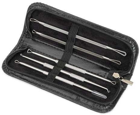 Fineway 5pc Blackhead Remover Tool - Pimple Popping Kit with Pouch Bag - Blackhead Tool for Clear and Smooth Skin Complexion, Whiteheads, Acne Comedone Extractor, Pimple Popper, Spot Popping Kit