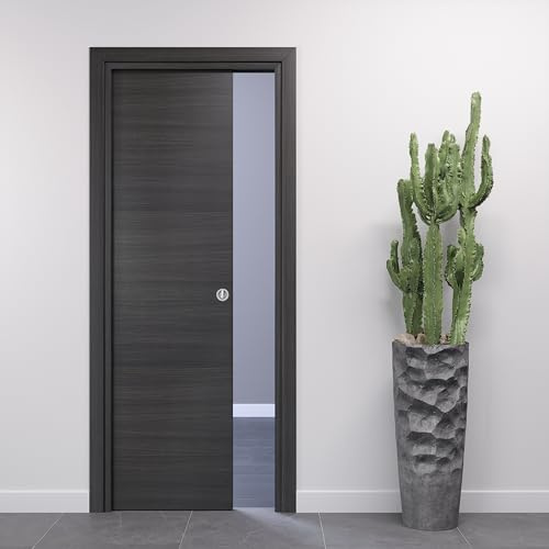 Porte Italiane, Porta Scorrevole Interno Muro, Porta a Scomparsa in Legno, Telaio in HDF e Coprifili Waterproof, Colore Rovere Grigio, 70x210 cm, con Serratura Ottone Lucido