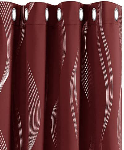 Deconovo Decorative Silver Wave Line Foil Printed Blackout Curtains Thermal Insulated Curtains Eyelet Curtains for Living Room 46 x 90 Inch Red 2 Panels