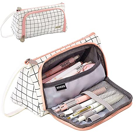 ManLee Federmäppchen Große Kapazität Mäppchen Mädchen Teenager Schreibwarenbeutel Federmäppchen Kariert Rosa 3 Fach Pencil Case Federmappe Federtasche für Studentin Bleistiftbeutel Etui Stifte