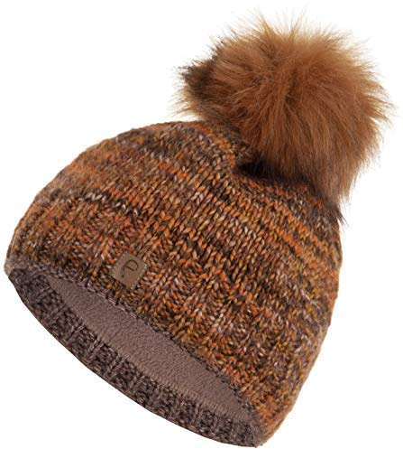 Faera Wintermütze Mütze Damen warm gefüttert mit Kunstfell Mehrfarbig Bommelmütze Fleecefutter Winter Strickmütze Beanie 59