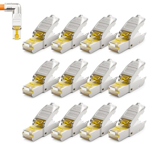deleyCON 12x Conector de Red CAT 6a RJ45 en ángulo 90° Sin Herramientas, Blindado, 10 Gbit/s, para Cable de Instalación Rígido (Cable en Bruto) - Ethernet LAN DSL Patch | Sin herramientas, apantallado, para cables rígidos, cables crudos, conectores RJ45 Ethernet LAN DSL