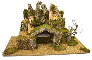 Aurora Store, Presepe Scenario Completo in Sughero con Grotta Tetto in Sghero Ambientazione 2 Livelli con Casette e casolari, 78x38 x h. 36 cm Vuoto Artigianale Napoletano Base in Legno