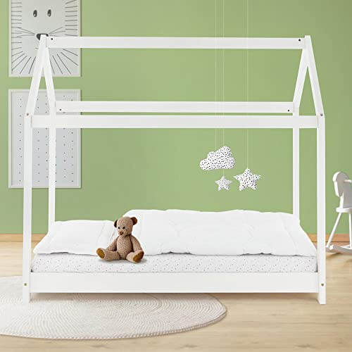 ML-Design barnsäng 80x160 cm med tak och spjälsram, vit, hus säng för flickor och pojkar, barnhus av massivt furu, stabil ungdomssäng, barnsäng i massivt trä, sänghus lek säng