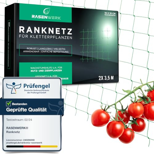 RASENWERK® - Ranknetz 2x3,5m Rankhilfe mit großen Maschen - Perfekt für Gurken, Tomaten und Kletterpflanzen - Ideal für Gewächshaus - Pflanzennetz, Pflanzenhalter, Kletternetz grün - 2m x 3,5m