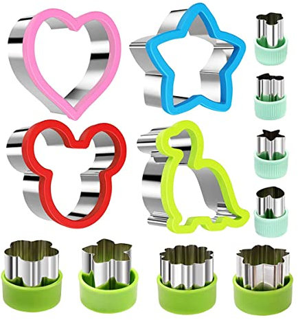 Jinsion Cortadores Galletas Dinosaurio, Juego de Cortadores de Sándwich para Niños, 12 Piezas, Acero Inoxidable, Mango Cómodo, Dinosaurio, Estrella y Corazón