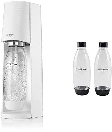 Sodastream Terra Sparkling Water Maker Machine - White + 2 Pack 1L BPA Free Water Bottle for Carbonated Drinks