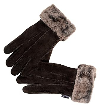 Nordvek Damen Handschuhe aus Lammfell, umklappbarer Bund, Veloursleder, Nr. 301 100, Schokobraun, S/M