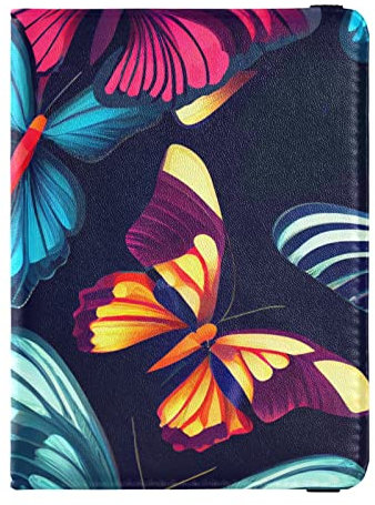 Rosa Blau Gelb Bunte Schmetterling Reisepass und Impfkarte Brieftasche Combo, Reisepasshülle mit RFID-Blockierung, Reisedokumente Brieftasche Leder Reisepasshülle, Rosa, Blau, Gelb, bunter