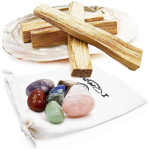 I LOVE MOM-Set Räucherstäbchen 4 Stück Palo Santo mit Perlenmuschel und 7 Steinen zum Reinigen Negativer Energien.Palo Santo Räucherstäbchen Peruanisches Naturholz Naturerbe