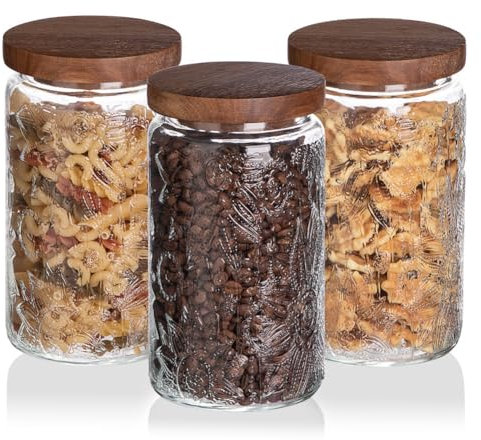 Sweejar Home Set di tre barattoli in vetro, stile vintage goffrato, con coperchio in legno per uso alimentare, per chicchi di caffè, cereali, farina, spezie e altro ancora, 1000 ml (girasole)