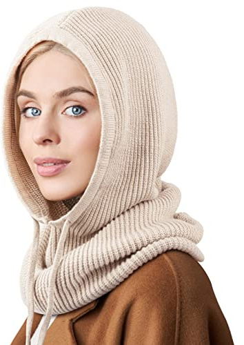 AQOKKA Hooded Scarf Hat Knit Balaclava Women Beanie Skull Cap with Drawstring Warm Winter Hats for Women Men Outdoor Sports