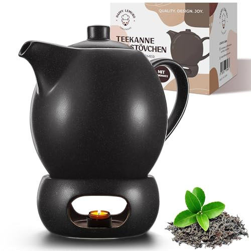Teapot with warmer set - 1.2 l - with strainer insert - Tea Pot - Teapot - Accessories - Ceramic - Black with candle warmer - Tea pot