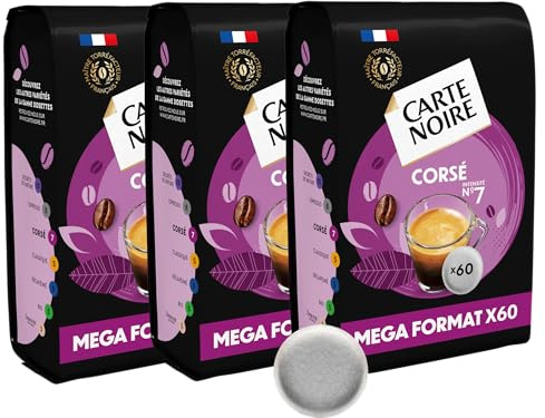 CARTE NOIRE – Café en Dosettes Souples Corsé N°7 – Riche en Arabica - 3 Paquets de 60 Dosettes – Compatibles Senseo (180 dosettes)