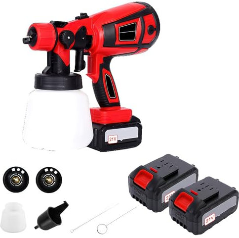 Akku-Farbspritzgerät mit 21-V-Akku, Farbspritzgerät für Wände und Decken, Elektrozaun-Farbspritzpistole mit 900-ml-Farbeimer, 3 große Sprühdüsen, 3 Muster (2* Batterien)