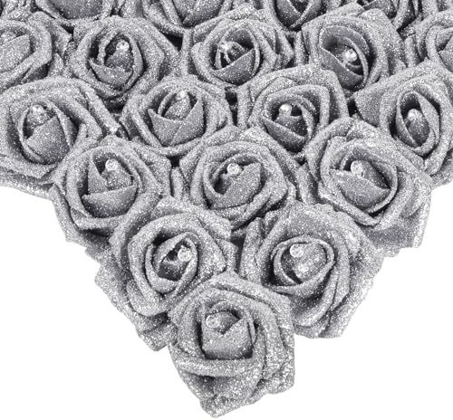 IPOPU Künstliche Rosen, Glitzerrosen, künstliche Blumen mit Kristallen, für Torte, Hochzeit, Blumenstrauß, Zuhause und als Party-Dekoration, 25 Stück, silberfarben