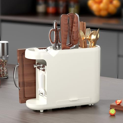 Knife Block Holder with Knife Sharpener, Organiser with Chopping Board Holder and Cutlery Box, Multifunctional Knife Stand for Safe, Clean and Tidy Kitchen Without Knife (Cream White)