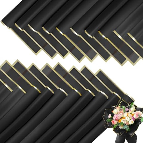 BKEPDY 20 Stück Elegantes Blumenverpackungspapier Schwarz Gold Umrandung Geschenkpapier Großformat Verpackungsmaterial Floristenbedarf