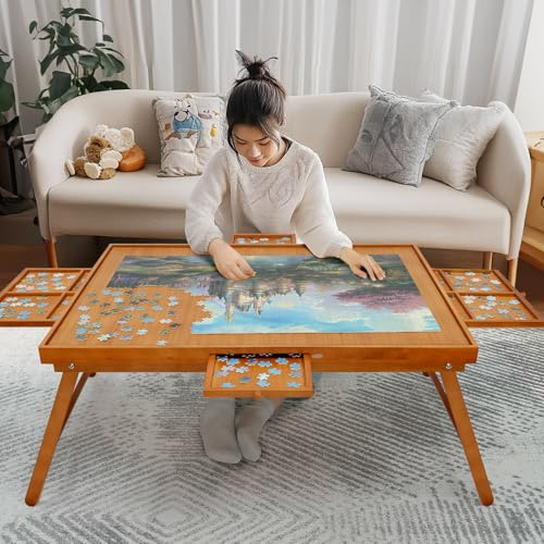 HALLYBEE Pusselbord 1 500 stycken pusselbrädor i trä med ben, 87 cm x 67 cm kontursågbräda med 4 lådor och fodral, vikbart ben pussel bord för vuxna rödbrun