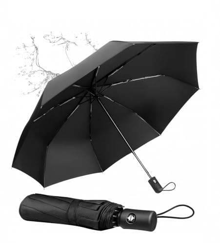 Windproof Travel Umbrella - Compact, Light, Full Automatic Open/Close - Folding Backpack Umbrella for Rain & Sun UV Preotection For Men & Women, Unbreakable 8 Fiberglass Ribs UK Design (Black)