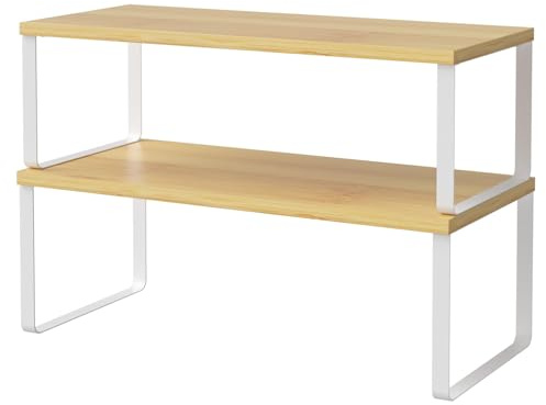 LIANTRAL Estante de armario de cocina, organizador de estante de mostrador, apilable y expandible, juego de 2, marco de bambú y metal, estantes de almacenamiento de cocina para despensa, baño, 15.6