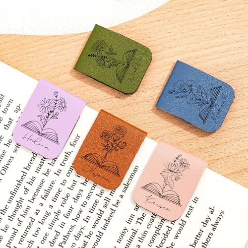 Personalisierbares graviertes Leder-Lesezeichen mit Geburtstagsblume, individueller magnetischer Lesezeichen-Halter, Geburtstagsgeschenk für Buchliebhaber